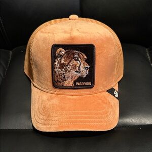 Tan velour Trucker Hat with warrior Cheetah Patch
